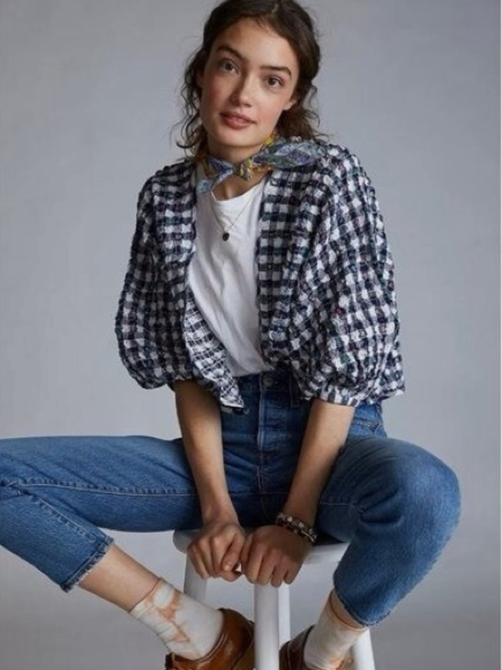 Anthropologie June Gingham Cropped Kimono Puff Sleeve Open Front One Size NWT